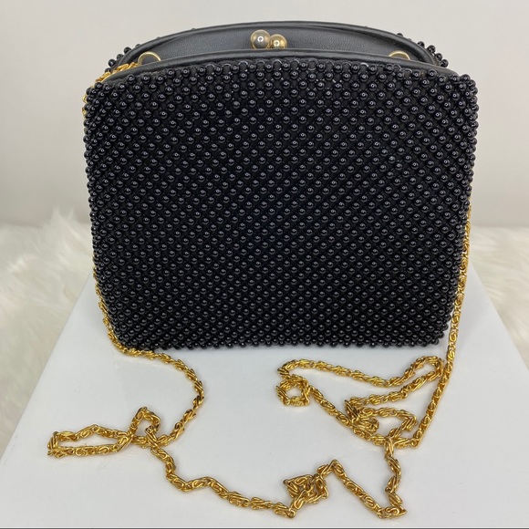 Vintage Handbags - Vintage Beaded Black Evening Bag